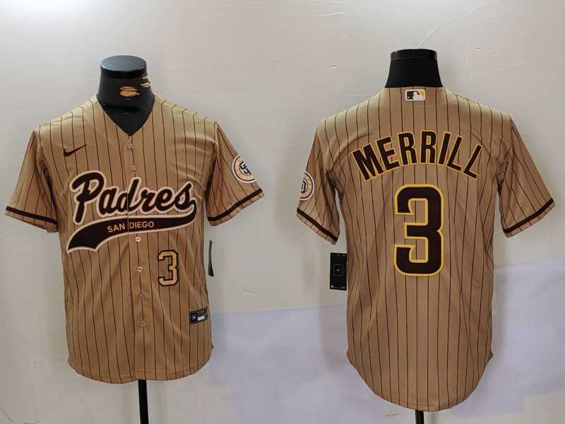 Mens San Diego Padres #3 Jackson Merrill Tan 2023 Cool Base Stitched Jerseys